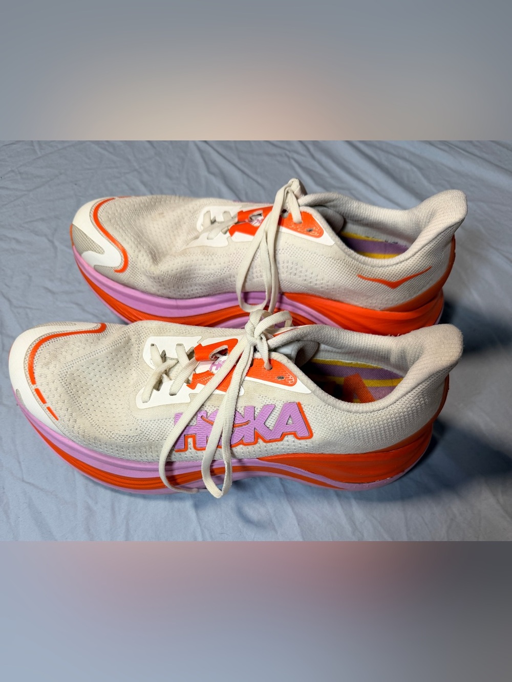 Hoka Women's Cream Sneakers with Orange and Pink Accents